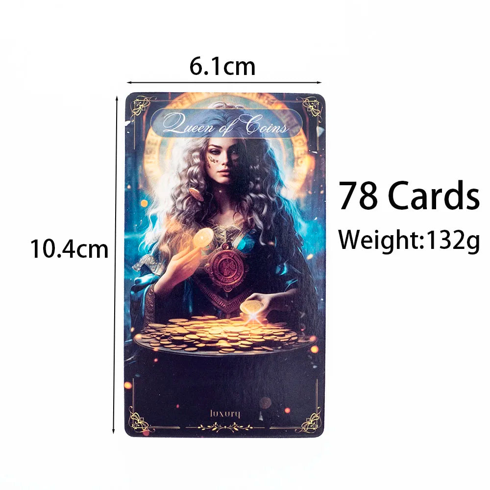 A rectangular deck of 78 tarot cards featuring the Queen of Coins illustration and detailed dimensions.
