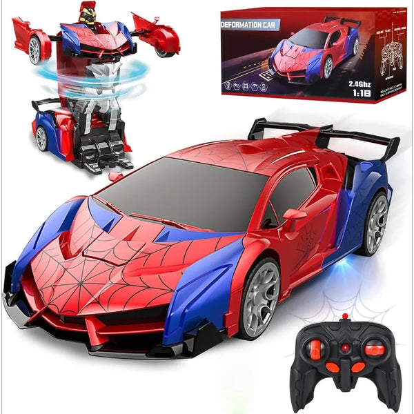 A red and blue transforming RC robot car model with LED lights and a separate remote control device.
