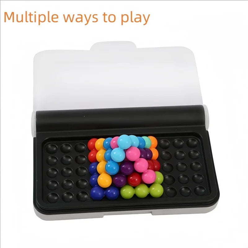A black plastic tray filled with colorful beads used for a logic puzzle game.
