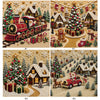 Four diamond painting images depicting festive Christmas scenes featuring trees, houses, and sleighs.