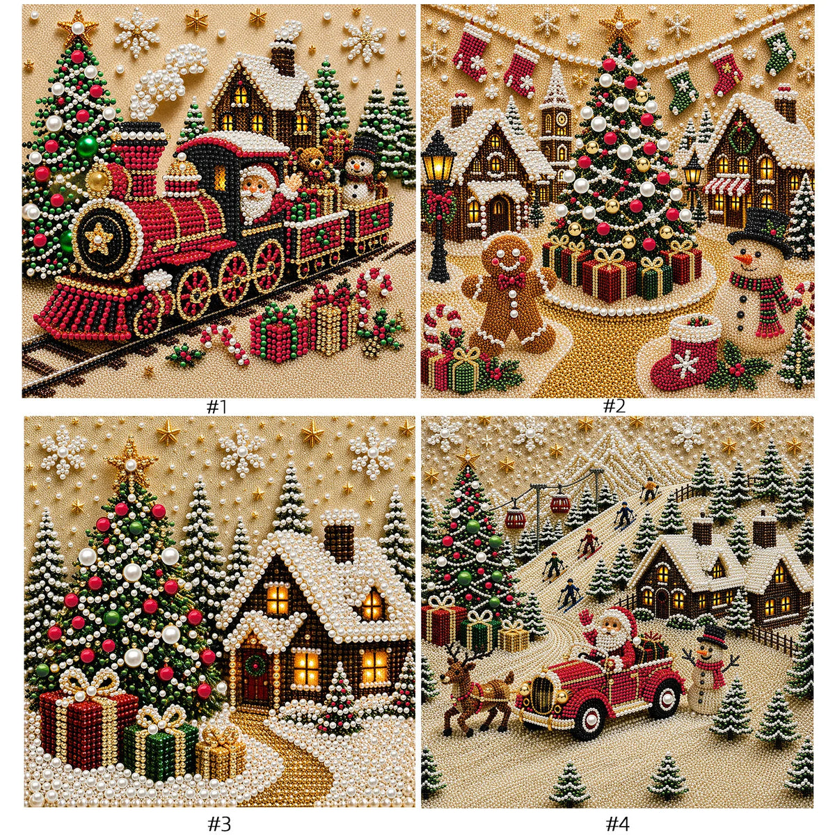Four diamond painting images depicting festive Christmas scenes featuring trees, houses, and sleighs.