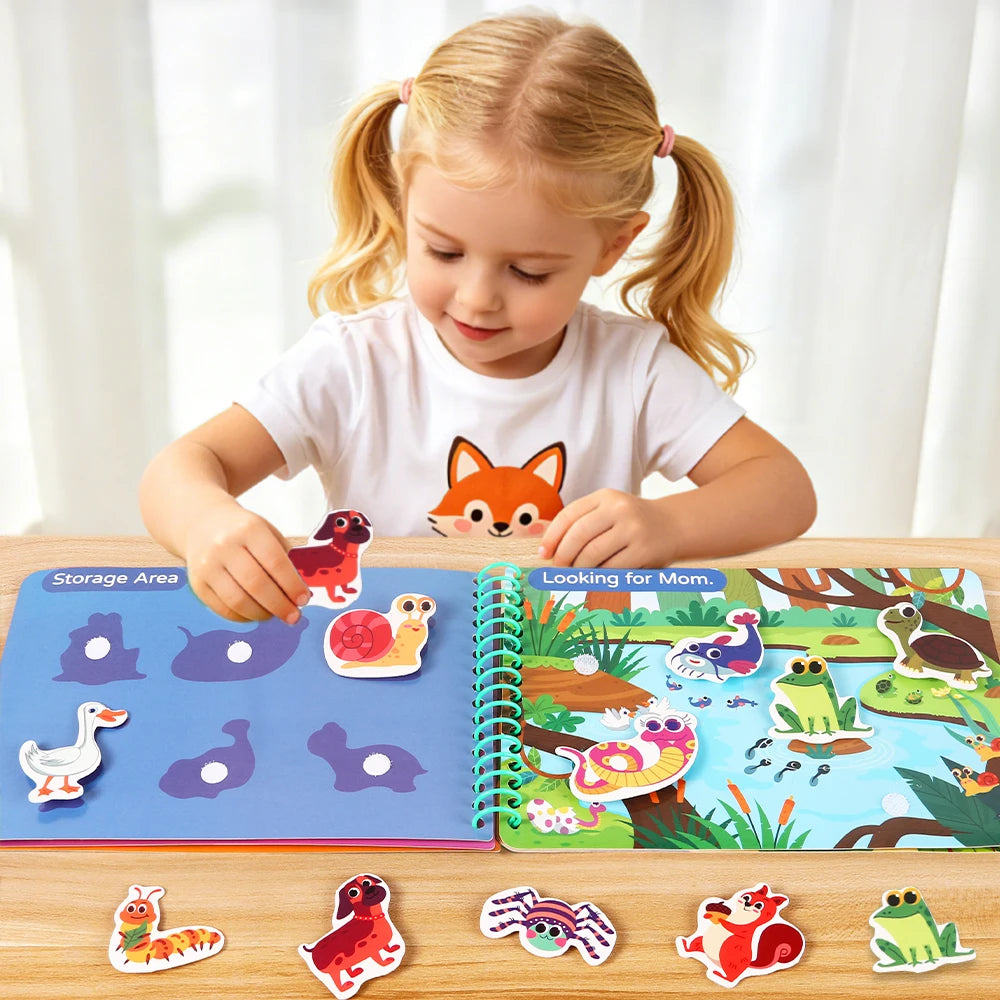 A collection of themed sticker activity sets for toddlers, including animals like a duck, fox, and various insects, displayed