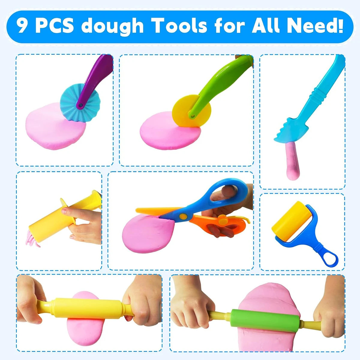 A set of nine silicone dough tools including a rolling pin, cutters, and extruder for baking or crafting.