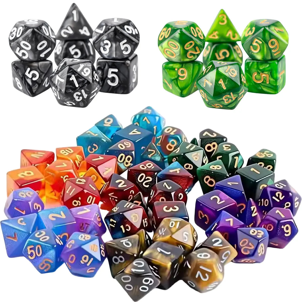 A set of seven polyhedral dice in various colors and sizes for tabletop gaming