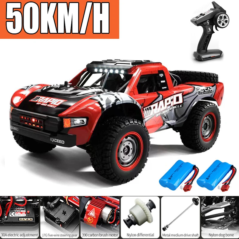 Red and black high-speed 4WD brushless RC monster truck with large tires and a racing setup.