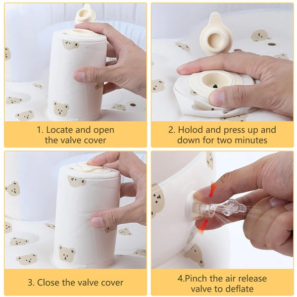 Instructions showing how to locate, open, close the valve cover, and deflate an inflatable baby seat for toddlers