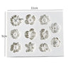 A silicone mold set featuring various flower shapes for chocolate and cake decorating, including sunflowers and roses.