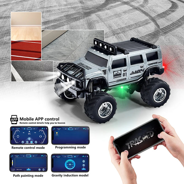 A gray remote control off-road truck is shown with various mode options displayed on a mobile app interface.