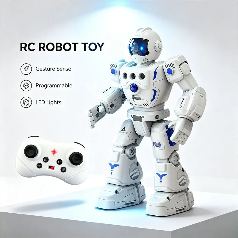 A white RC robot toy with a helmet and LED lights stands on a white surface next to a remote control.