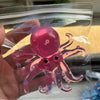 A hand holds a pink stretchable octopus stress ball sensory toy inside clear plastic packaging.