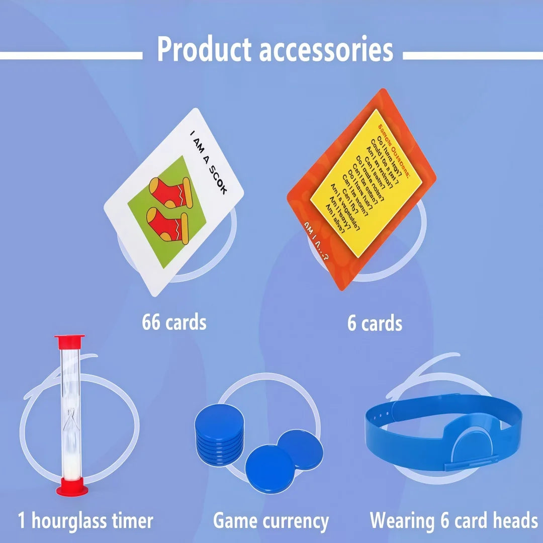 Product accessories including 66 cards, a 1 hour glass timer, game currency, and a wrist-worn 6 card head device.
