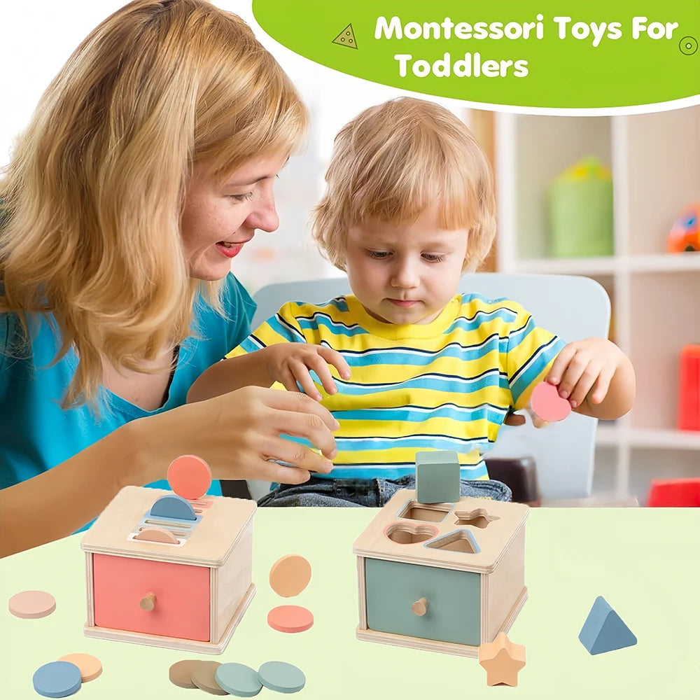 A woman is helping a toddler play with wooden Montessori toys for color and shape sorting.