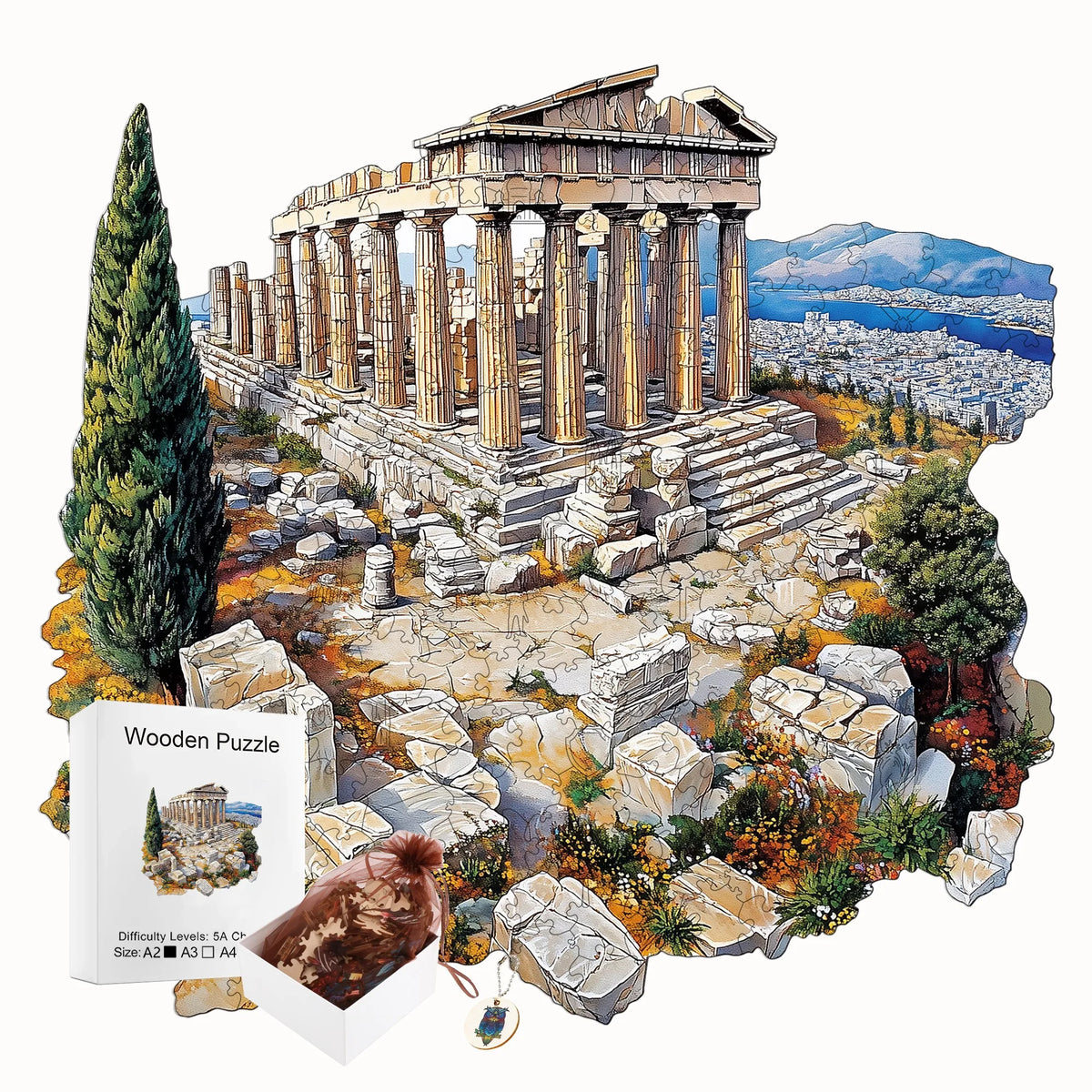 An artistic wooden jigsaw puzzle depicting the ruins of the Parthenon on a hill with surrounding landscape.