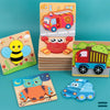 A collection of wooden animal and traffic puzzles featuring a bee, frog, and police car.