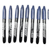 A pack of six blue permanent fine-tip markers standing upright in a row.
