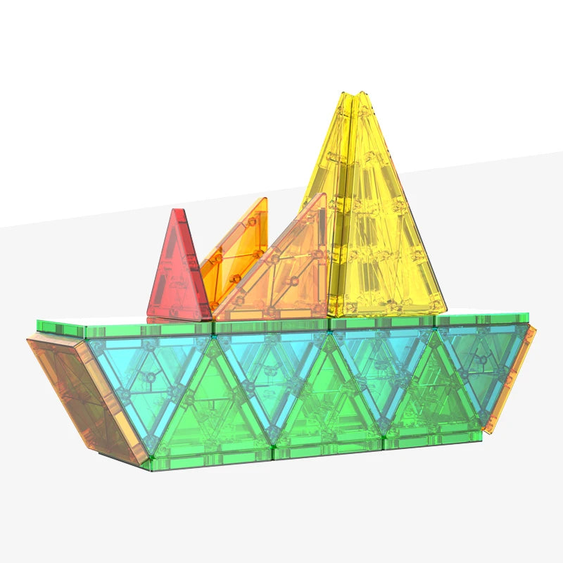 A set of magnetic building blocks shaped like pyramids in red, orange, and yellow.