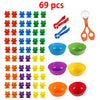 A set of 69 counting bears with sorting cups and tweezers for Montessori color and number learning.