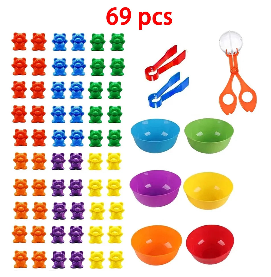 A set of 69 counting bears with sorting cups and tweezers for Montessori color and number learning.