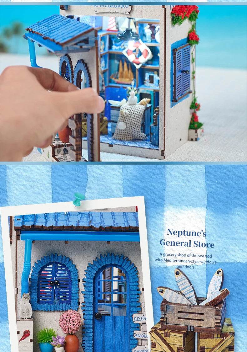 Beach Corner Book Nook Kit – Wooden Miniature Bookend with LED Light