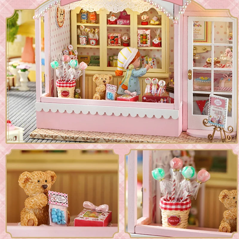 Wooden Dollhouse Kit with Furniture and Lighting