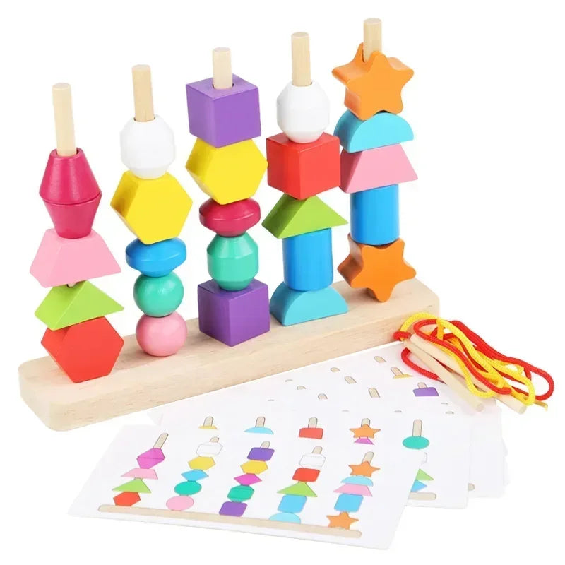 A set of wooden color and shape sorting toys featuring colorful blocks and star shapes for toddlers.