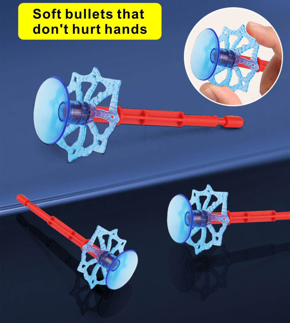 An orange and blue superhero spider web shooter kit with soft bullets designed not to hurt hands.