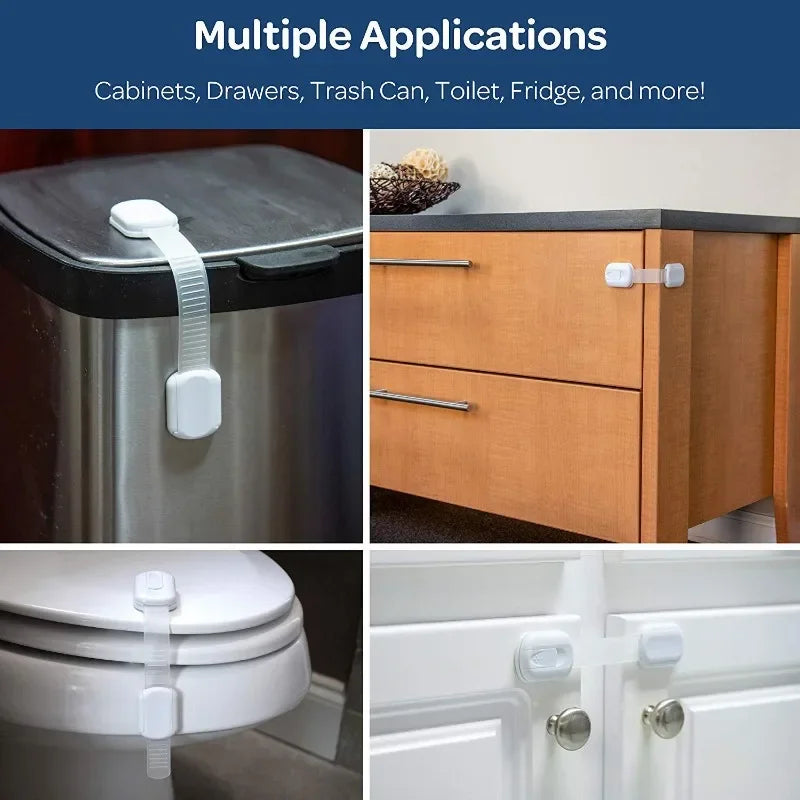 Multiple adhesive baby safety locks used on various household items including cabinets, drawers, trash cans, toilets, and fri