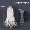 A bundle of white pre-waxed cotton candle wicks with metal sustainers is shown next to a single stick.