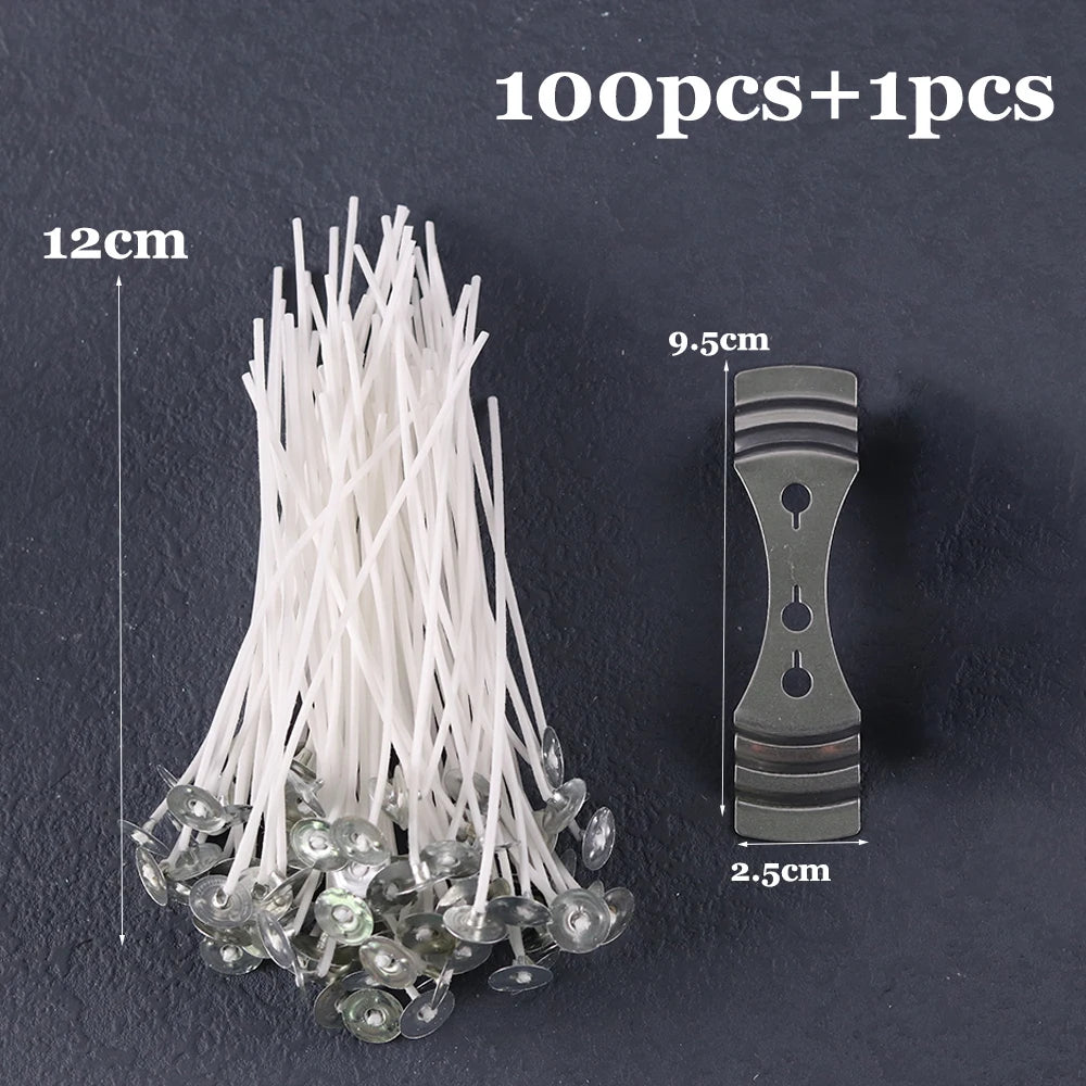 A bundle of white pre-waxed cotton candle wicks with metal sustainers is shown next to a single stick.