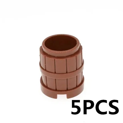 Five brown plastic building block pieces shaped like a cylindrical chest or container.