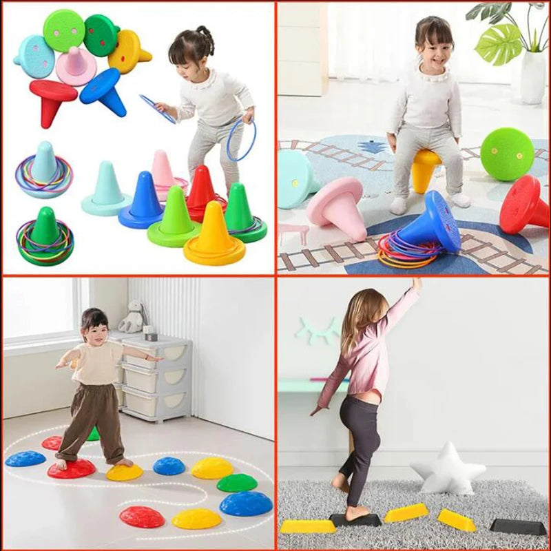 A set of colorful balance stepping stones for kids used for sensory and motor skills development.