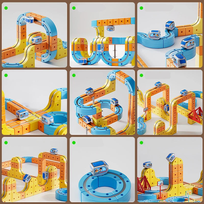 A set of magnetic 3D cube train tracks and flexible components in yellow, orange, and blue.