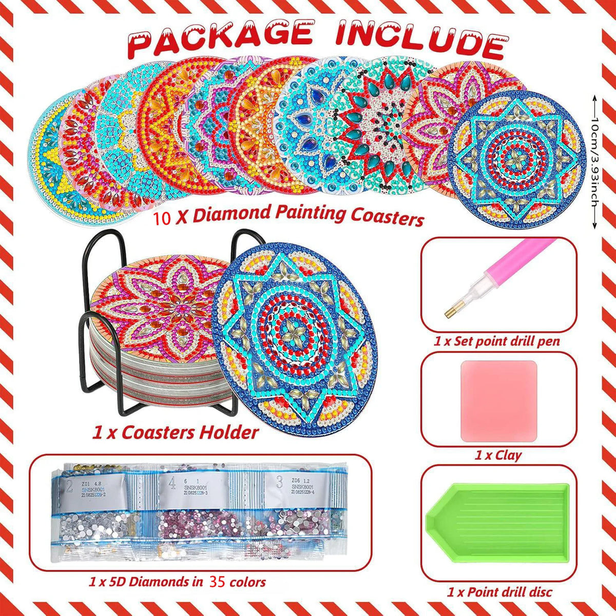 Mandala Floral Diamond Art Coaster Set with Stand