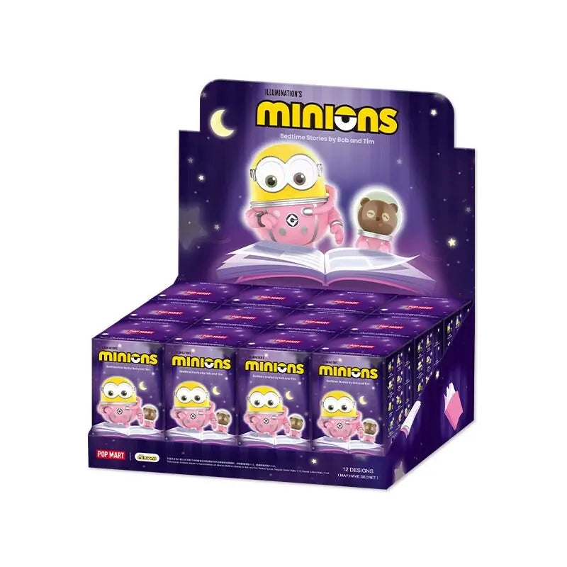 A box of Minions Bedtime Stories blind box collectible figures featuring a purple and yellow Minion character.