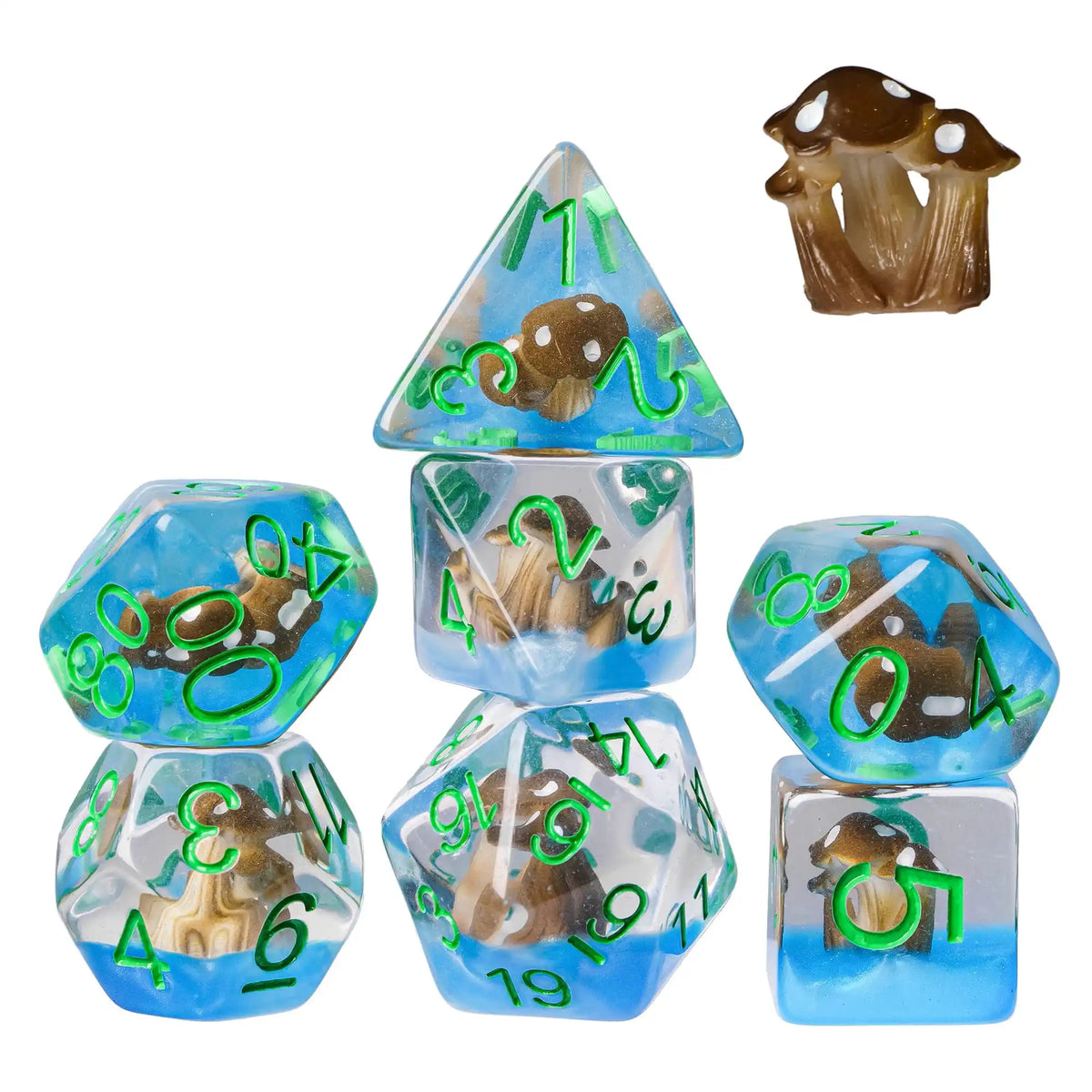A set of polyhedral dice featuring a mushroom theme in shades of blue and green.