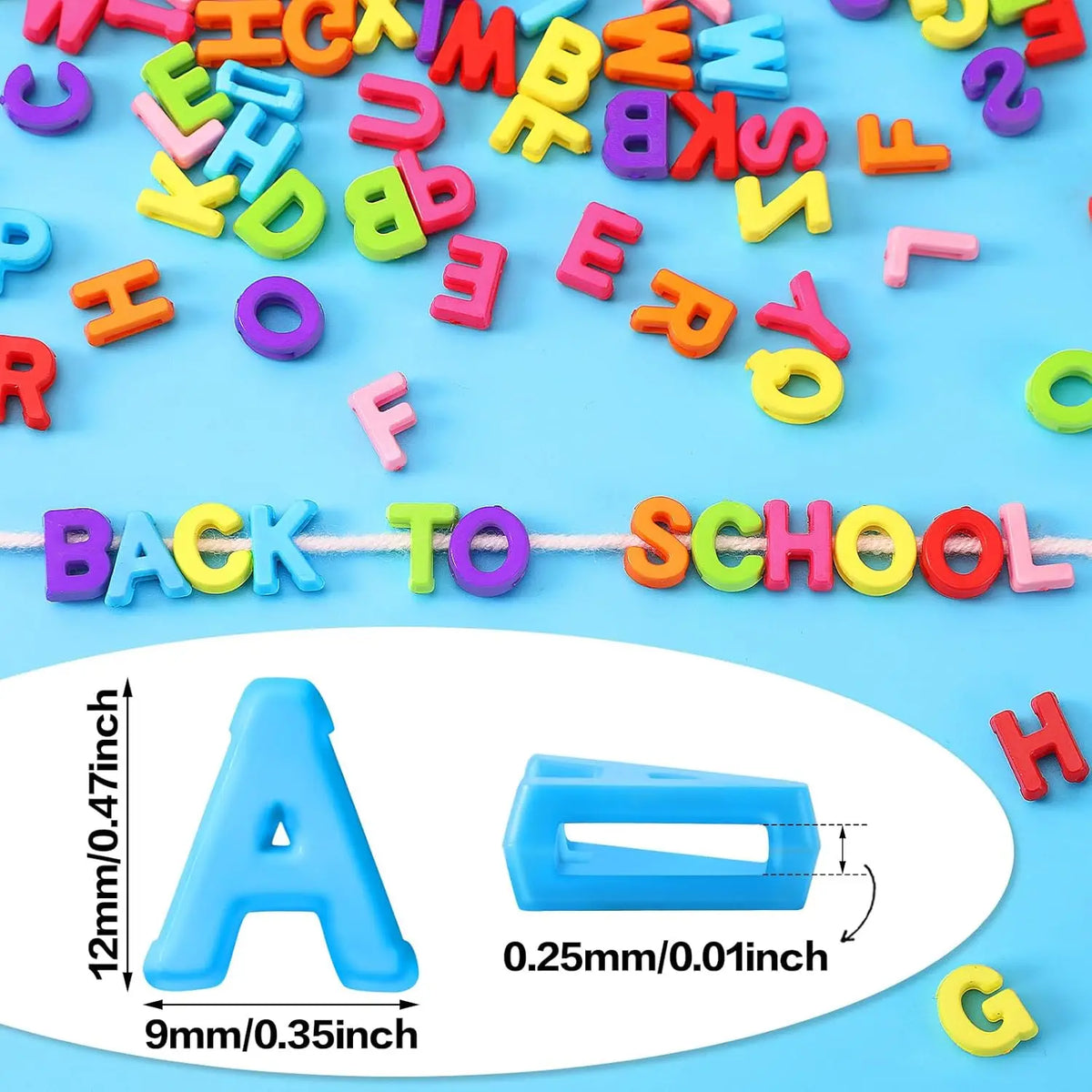 Colorful acrylic alphabet letter beads spelling BACK TO SCHOOL with an example of the letter A