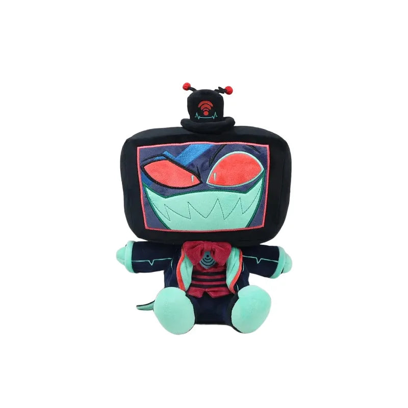 A plush doll of the character Vox from Hazbin Hotel, featuring a black body and expressive face.