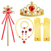 A set of golden princess dress-up accessories including a crown, a wand, and a gold glove.