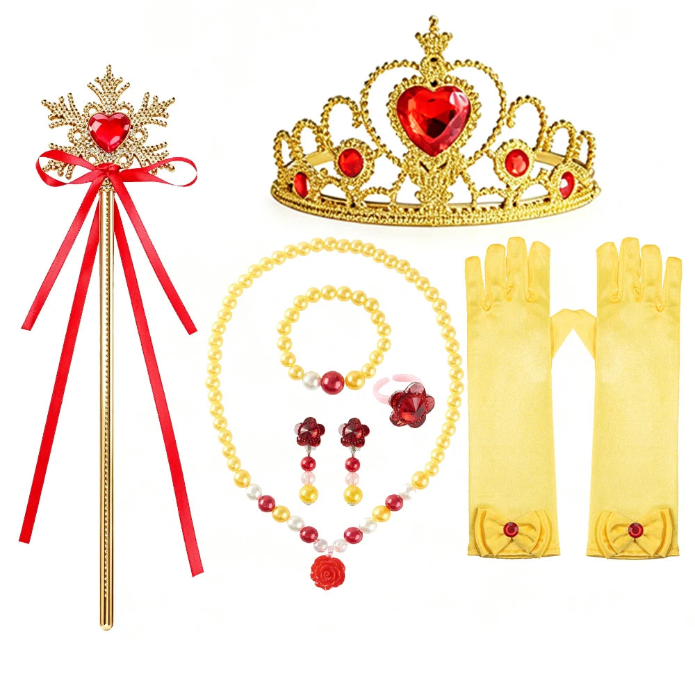 A set of golden princess dress-up accessories including a crown, a wand, and a gold glove.
