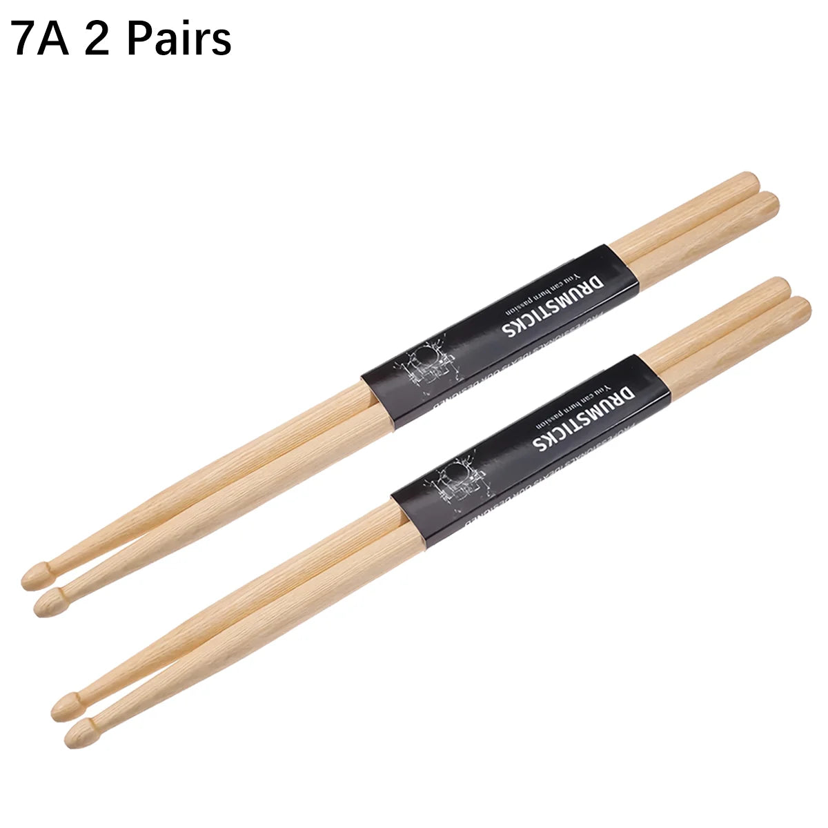 A pair of light wood drumsticks labeled 7A, showing the wooden shaft and black grip.