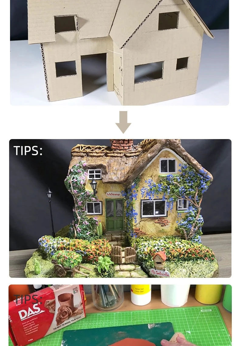 A model house made from air dry clay is shown next to tips for crafting with modeling clay.