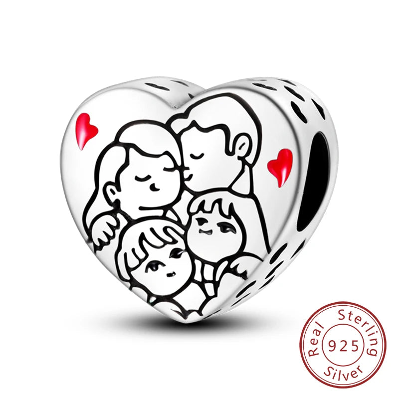 A sterling silver heart charm bead depicting a family of four figures embracing.