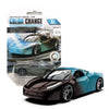 A dark blue and black pull-back model car that changes color with temperature.