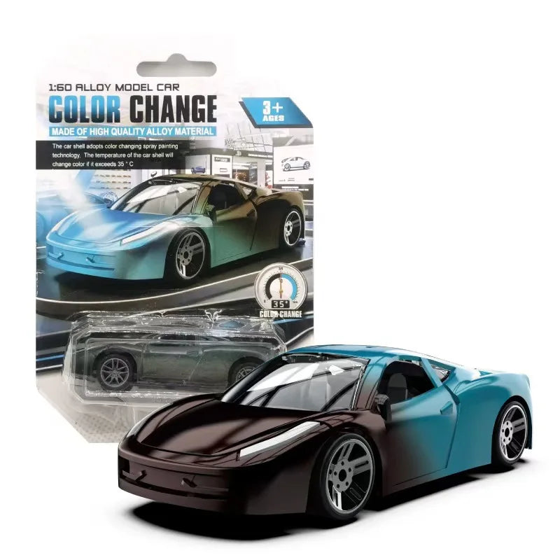 A dark blue and black pull-back model car that changes color with temperature.