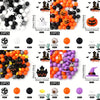 A collection of Halloween silicone beads in various colors and shapes for jewelry and crafting, including pumpkins, ghosts, a