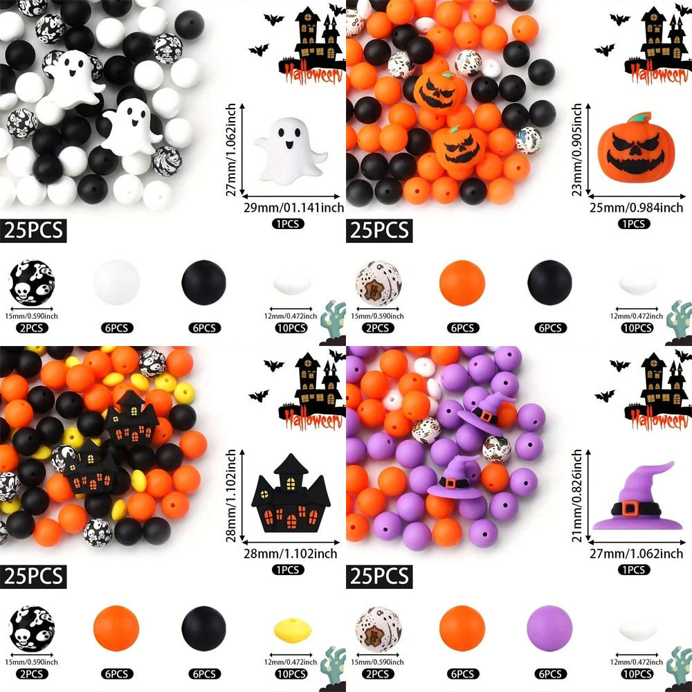 A collection of Halloween silicone beads in various colors and shapes for jewelry and crafting, including pumpkins, ghosts, a