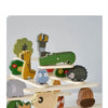 A stack of wooden animal blocks featuring various colored animals like a giraffe, crocodile, and hedgehog.