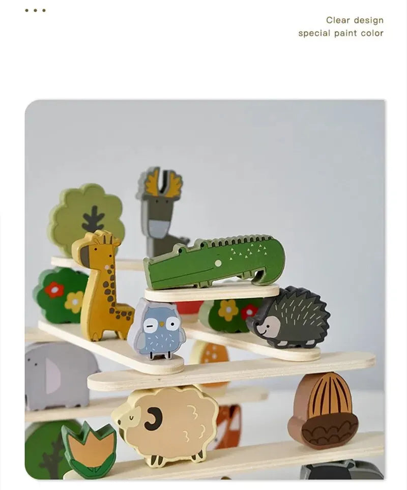A stack of wooden animal blocks featuring various colored animals like a giraffe, crocodile, and hedgehog.