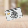 A rectangular card featuring a Mexican Express design with a golden symbol and text on a white background.