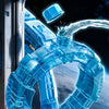 A close-up of a blue LED electric water blaster with a circular tank design being used to spray water.